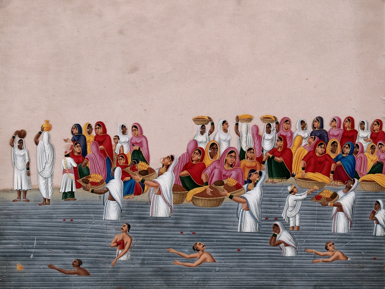 Gouache painting showing people bathing and praying at the River Ganges.