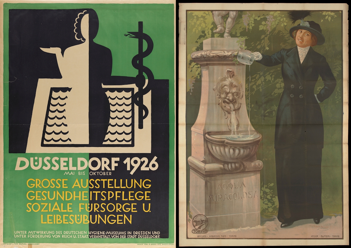 Two posters are shown. On the left, a cut-out style poster shows a woman holding up the palm of her hand on the left and holding the staff of Aesculapius on the right. There is water in the background.
On the right a painting-style poster shows a grinning woman in Edwardian clothes pouring water into a fountain.