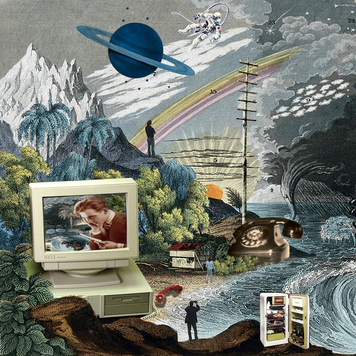 Artwork using collage. The collaged elements are made up of archive material which includes vintage and contemporary photographs, etchings, painted illustrations, lithographic prints and line drawings. This artwork depicts a scene from a costal landscape. To the right of the image a large figure of a man wearing a suit and tie rests his head on his right hand, while holding a letter in his left. He stares across the frame to the left. Behind him the background is an expanse of ocean which meets a sandy shoreline. At sea can be seen stormy weather with tornadoes, and dark clouds. On the shoreline trees rise up into snow capped mountains. The silhouette of a small figure stands of the mountain looking out to sea. Also peppering the shore are a rotary telephone, a telegraph pole and a small wooden house. In the water is a large whirlpool with a tall ship disappearing into the depths. Along the foreground are an open refrigerator containing food and an old computer screen. On the screen is a repetition of this collage. In the sky above the scene are an airliner in flight, a blue Saturn-like planet, an astronaut on a space walk, a rainbow and a sunset.