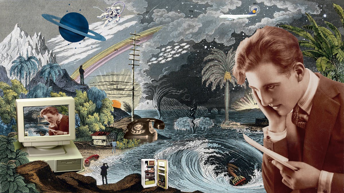 Artwork using collage. The collaged elements are made up of archive material which includes vintage and contemporary photographs, etchings, painted illustrations, lithographic prints and line drawings. This artwork depicts a scene from a costal landscape. To the right of the image a large figure of a man wearing a suit and tie rests his head on his right hand, while holding a letter in his left. He stares across the frame to the left. Behind him the background is an expanse of ocean which meets a sandy shoreline. At sea can be seen stormy weather with tornadoes, and dark clouds. On the shoreline trees rise up into snow capped mountains. The silhouette of a small figure stands of the mountain looking out to sea. Also peppering the shore are a rotary telephone, a telegraph pole and a small wooden house. In the water is a large whirlpool with a tall ship disappearing into the depths. Along the foreground are an open refrigerator containing food and an old computer screen. On the screen is a repetition of this collage. In the sky above the scene are an airliner in flight, a blue Saturn-like planet, an astronaut on a space walk, a rainbow and a sunset.