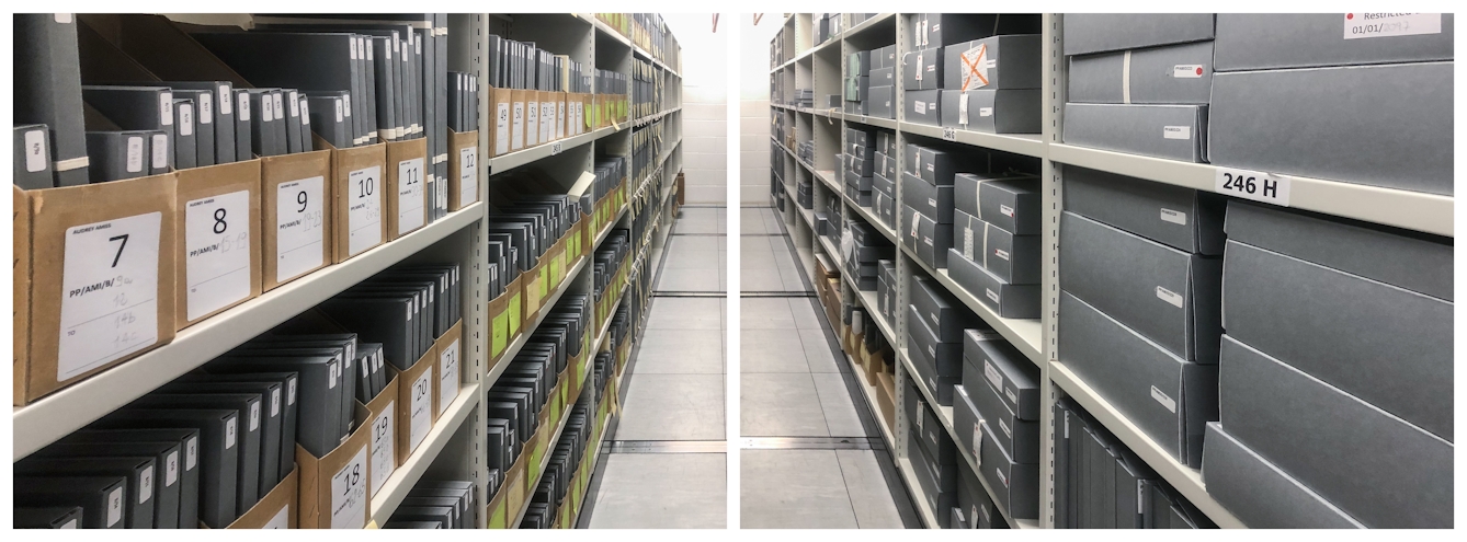 Photographic diptych. Both images show a view in a museum store, looking down the centre of two shelving racks. The shelves are full of grey archive boxes which are stacked on top of one another in neat piles. They are all labelled. The image on the left shows the left-hand shelves and the image on the right shows the right-hand shelves. The way the image have been placed side-by-side gives the impression of a long horizontal panorama.