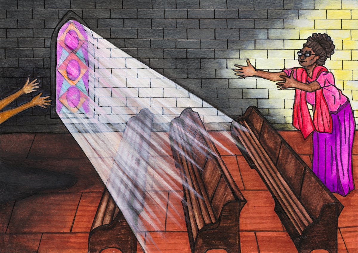 Colourful artwork made with paint and ink on textured watercolour paper. The artwork shows a scene in a church with predominantly hues of greys, browns and purples. In the foreground are 3 rows of pews bathed in a shaft of light streaming in through an arch shaped purple patterned stained glass window in the grey brick wall behind. On the left side a pair of arms reach into the scene, hands and fingers outstretched. On the right side is a Black woman in a pink and purple outfit who also leans forward towards the other person, her arms and hands also outstretched.