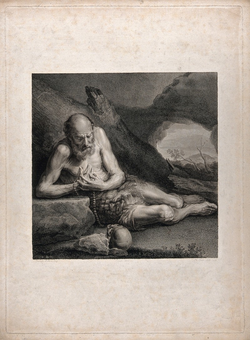 Image of sepia engraving of an old man kneeling and wearing a loin cloth