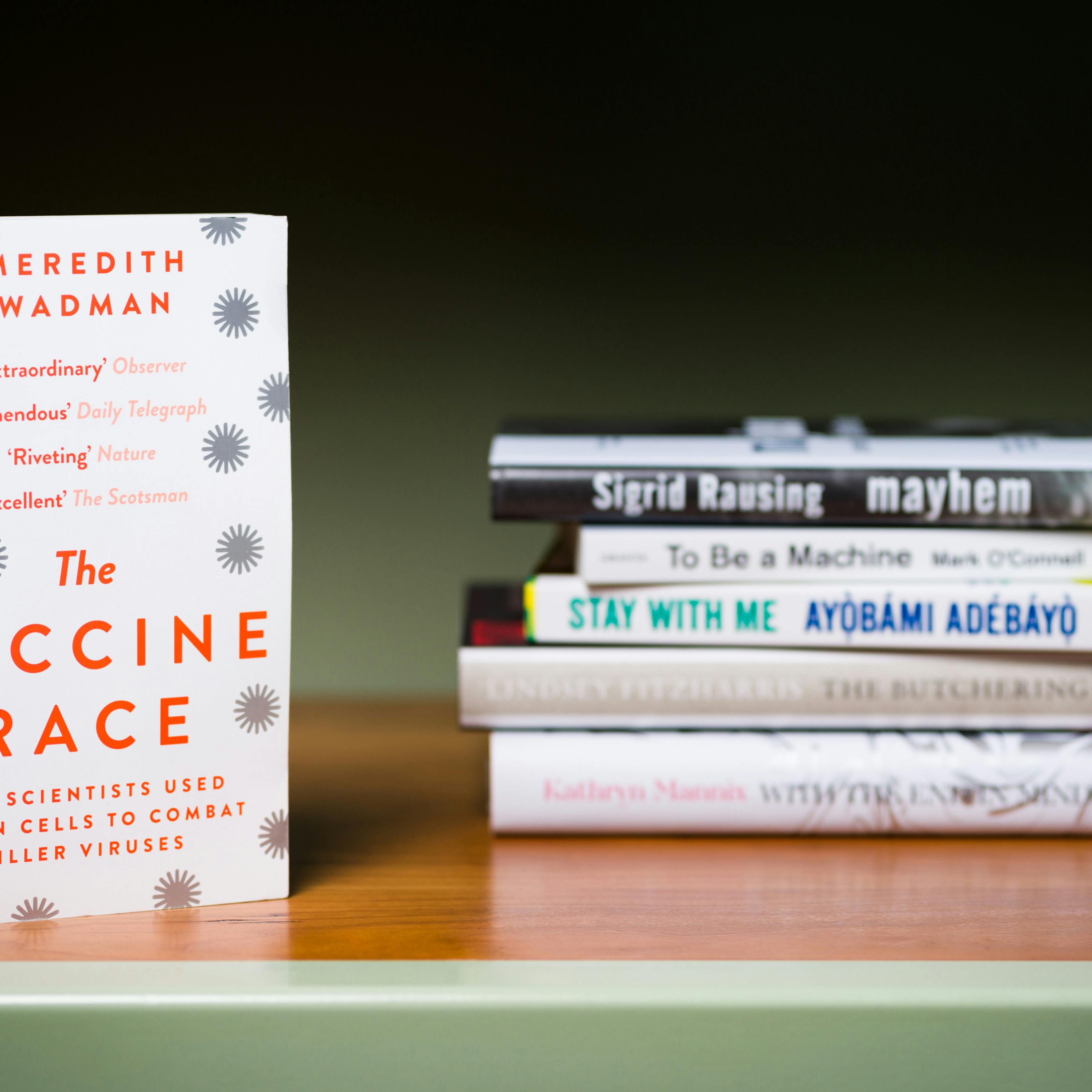 Photograph of a a stack of 5 books lying horizontally on a shelf with another book standing vertically in the foreground.