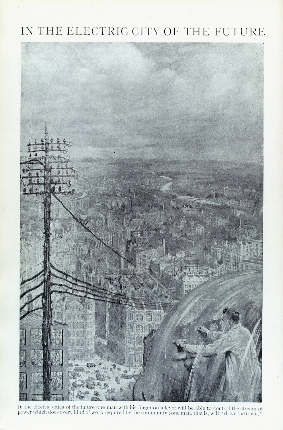 Image from book of black and white painting of a town with an electricity pylon and a man in a clear bubble controlling levers.