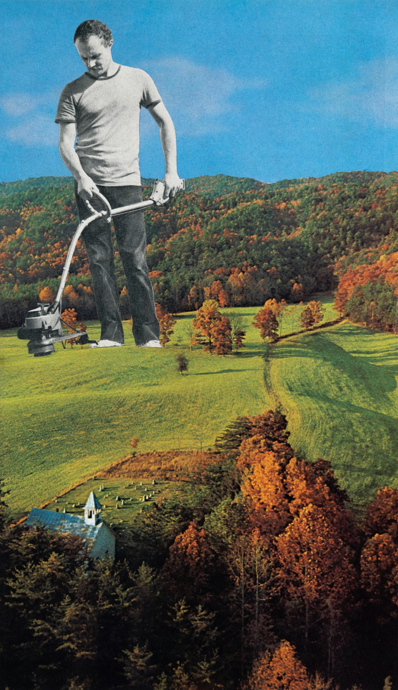 Paper collage artwork of a large black and white image of a man using a grass trimmer against a colour image of a forested landscape which has been partially cleared. A church and graveyard can be found in the bottom left corner of the image.