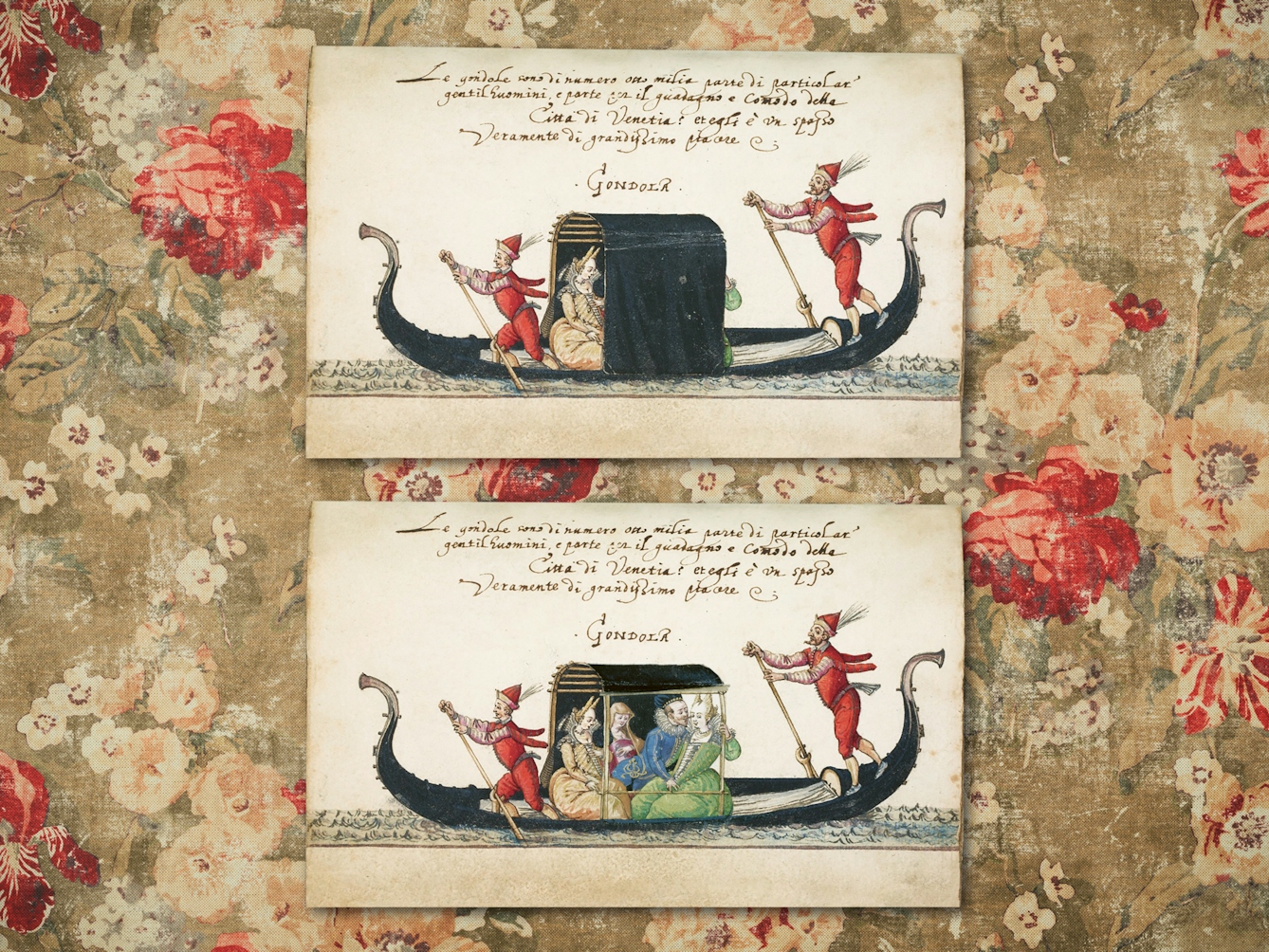 Digital composite image showing a floral renaissance worn fabric background. Resting on top of the background are two prints showing a gondola on the water. In the top image the gondola cabin is covered over. In the bottom image the cover has been raised to reveal a pair of hiding lovers within.