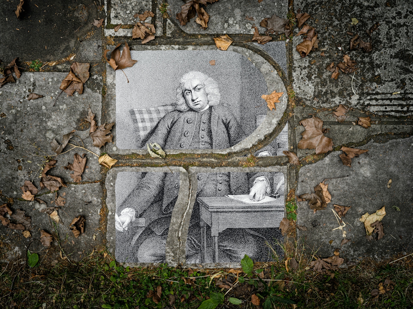 Photograph of an historical portrait drawing of Samuel Johnson placed on a path made out of paving slabs of different shapes and sizes. The portrait is cut into different shapes and sizes to match the paving stones beneath. Grass is growing between the slabs and leaves cover the ground.