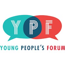Graphic logo for the Young People's Forum, made up of teal and red speech bubbles containing the white letters Y P F.