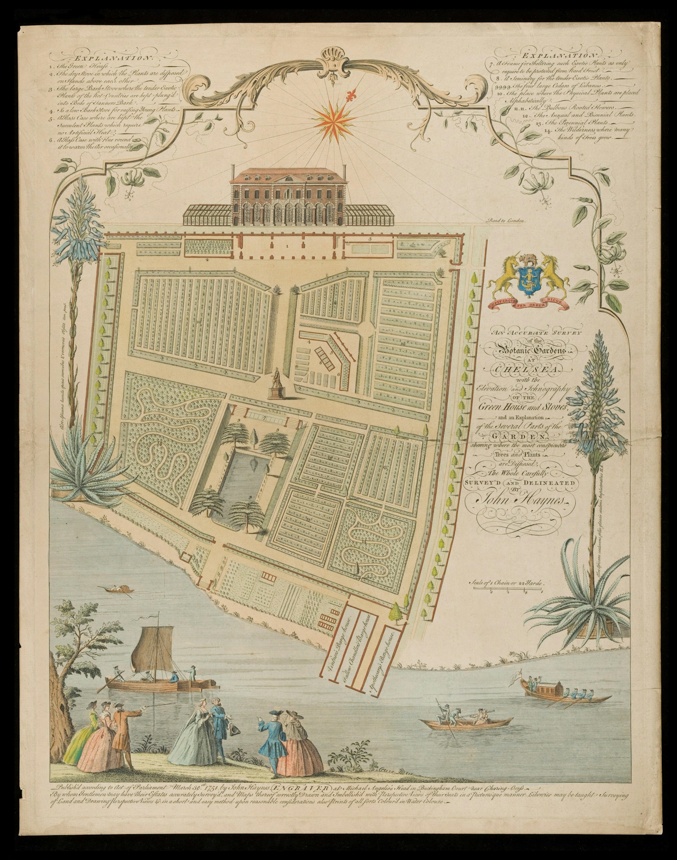 Decorative, colour illustration showing plans for a formal-looking physic garden, set in front of a grand house.