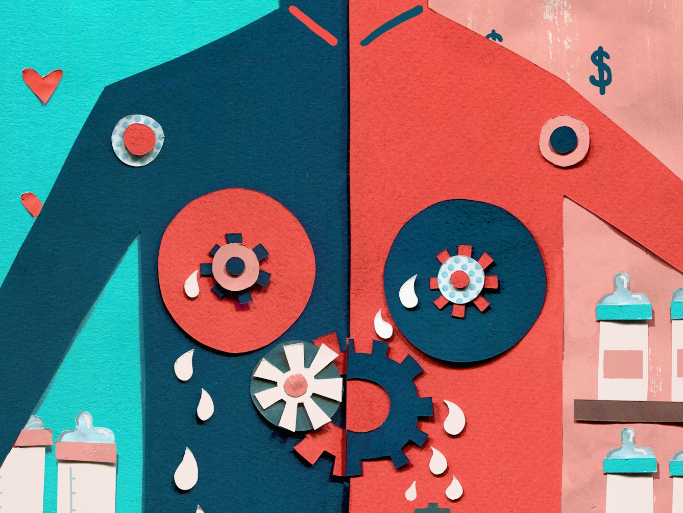 A mixed media illustration depicting a mechanical mother, with breasts being replaced by cogs and producing milk.