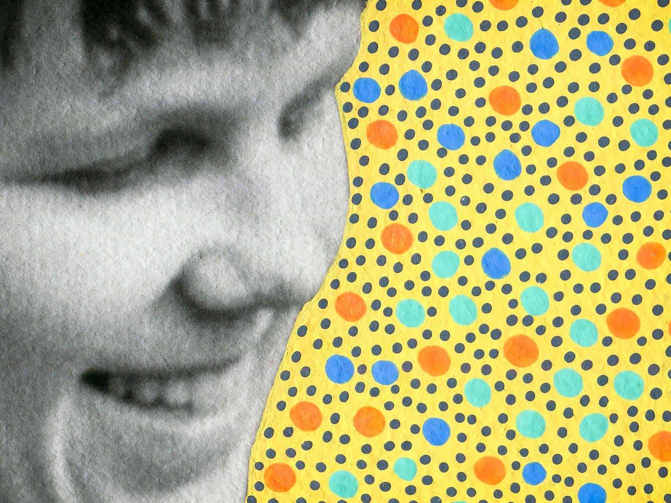 Artwork created by painting over the surface of a black and white photographic print with colourful paint. The artwork shows the original head of an adult woman cropped in close. Apart from the head the rest of the image is a painted yellow background covered in small green, orange and blue dots. The texture of the paint can be seen, including the boundary between the painted area and the original photographic print.