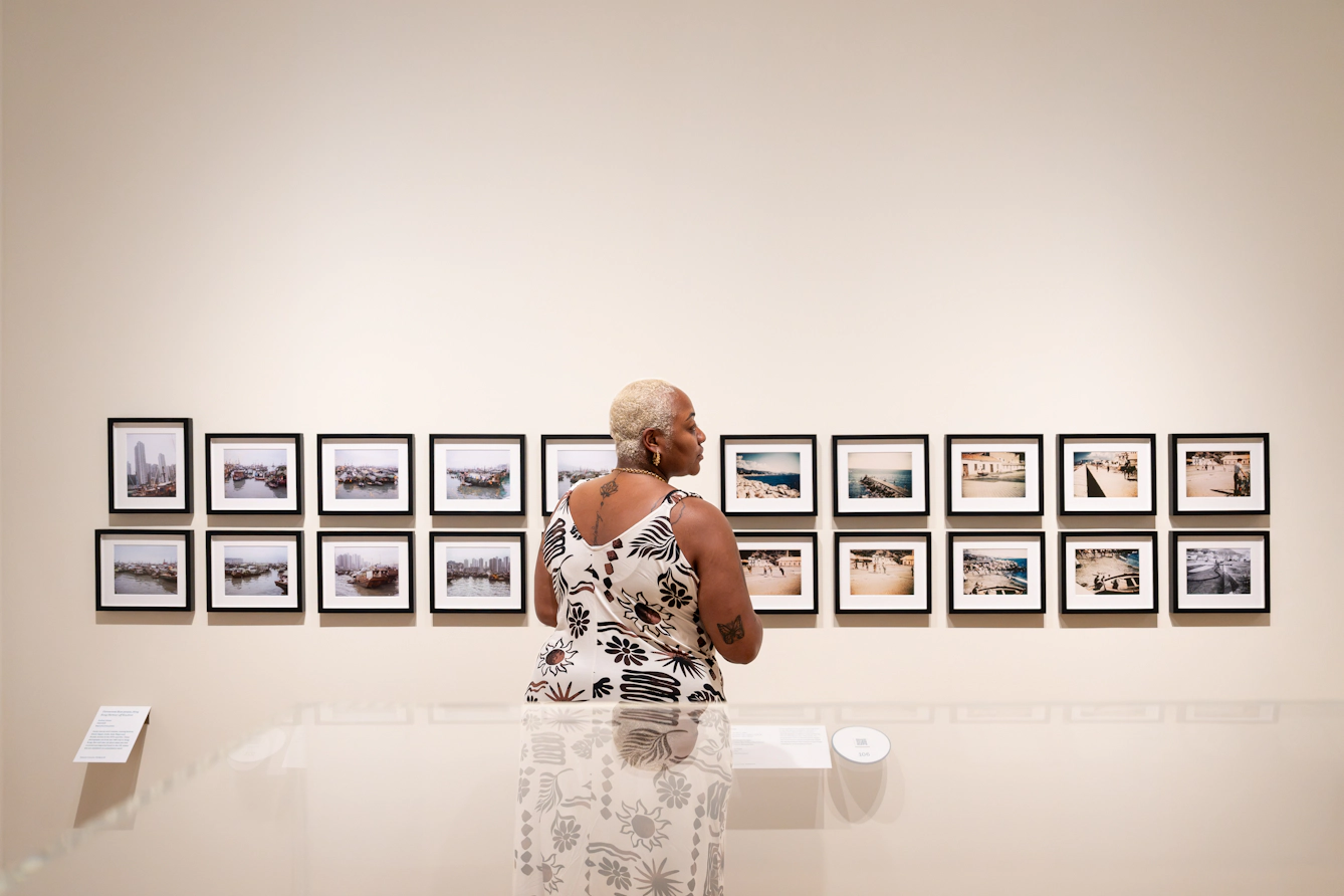 Photograph of a gallery visitor looking at a grid of 2 rows of 10 small framed colour photographs on the wall.