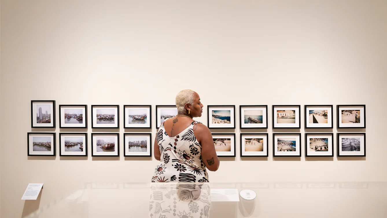 Photograph of a gallery visitor looking at a grid of 2 rows of 10 small framed colour photographs on the wall.