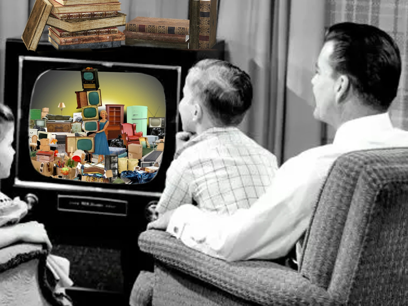 Crop of a larger digital collage showing a family of four (a mother, father and a young boy and girl) sat on two armchairs watching an old fashioned television in black and white. On the television screen there are lots of household objects crowded together and stack on top of one another haphazardly. There are some ornate hardback books piled up on top of the television set. 