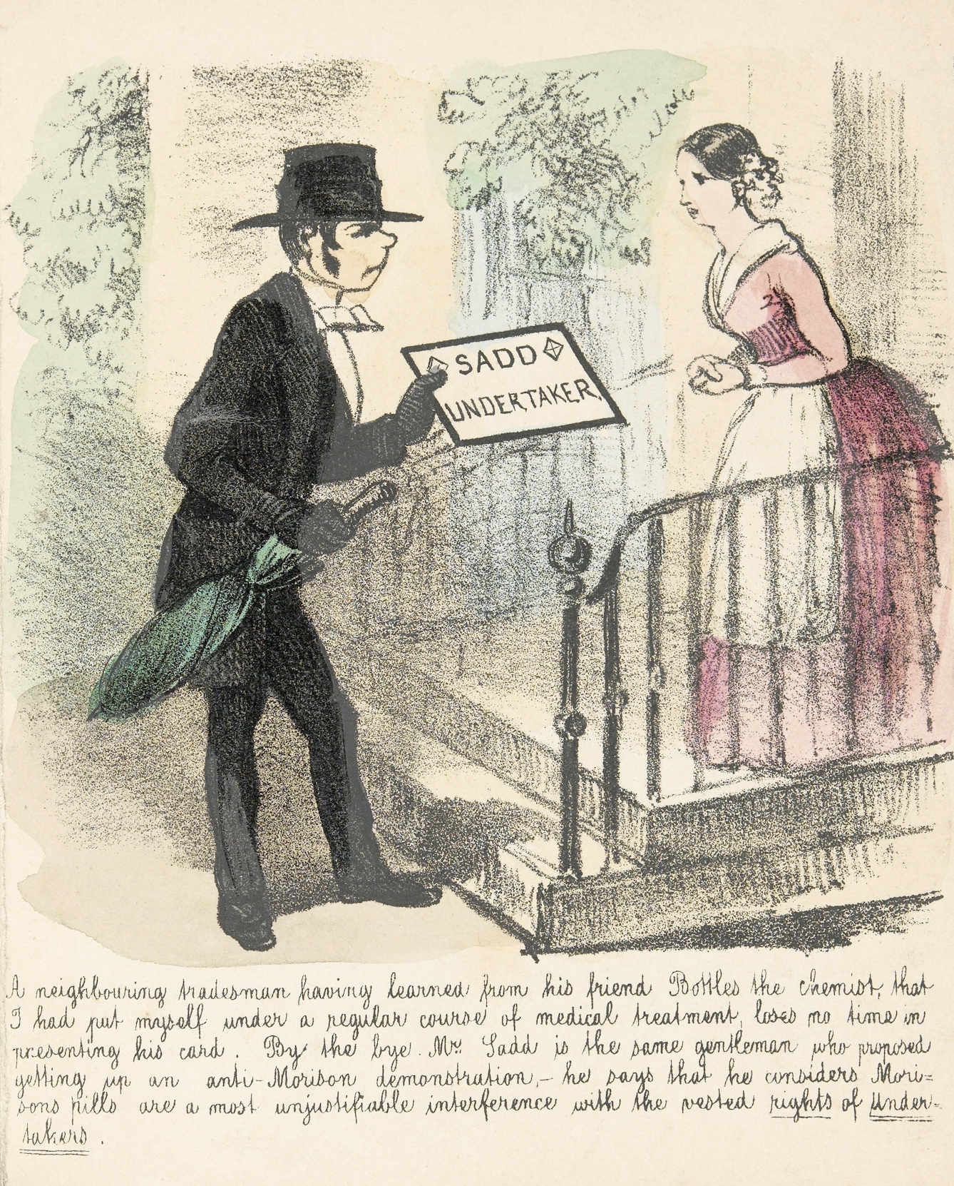 An undertaker delivers his business card to a house where a patient is being treated with many drugs.