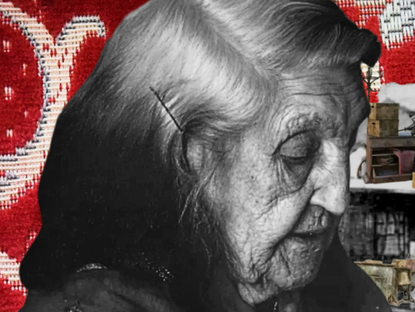Crop of a colourful digital collage. In the foreground is a black and white photograph cut-out of an elderly woman looking downwards. A bobby pin pulls back the grey hair around her right ear. She is wearing a flowery embroidered shawl. Behind the elderly woman and within her eye line is a black and white cut out of a three story toy dollhouse. The walls and roof of one side of the dollhouse have been removed, exposing the interior of the house. Inside the dollhouse in the different rooms there are many small, colourful cut outs of household objects and furniture, including an alarm clock, wooden chests of drawers, filled cardboard boxes, piles of books and bed sheets. The objects are stacked on top of each other messily, forming many piles. The background is a photograph of a red and white floral print. 