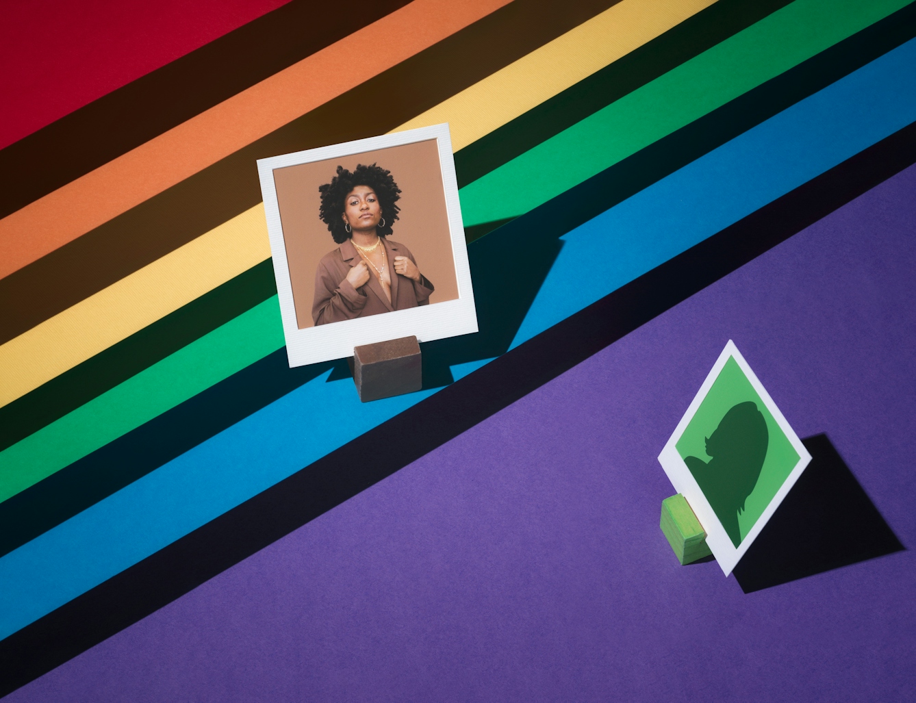 Photograph of a tiered set made up of the LGBTQ+ colours of red, orange, yellow, green, blue and purple.  The tiers form a diagonal line.  On the first tier, the blue one, the portrait of a woman against a brown background is framed in a small white frame.  Below this image to the right, an anonymous figure on a green background is facing towards her.
