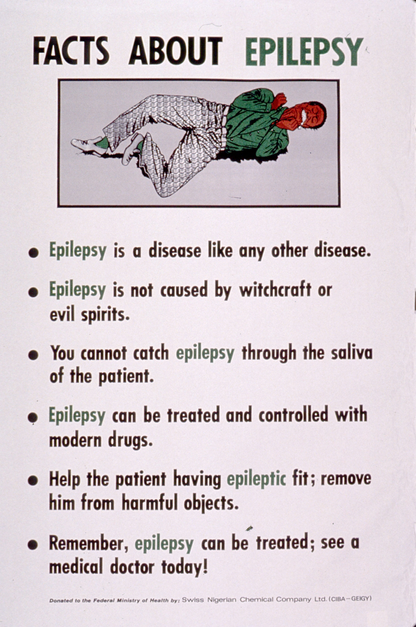An illustration of an African man having a seizure with a list of medical facts about epilepsy
