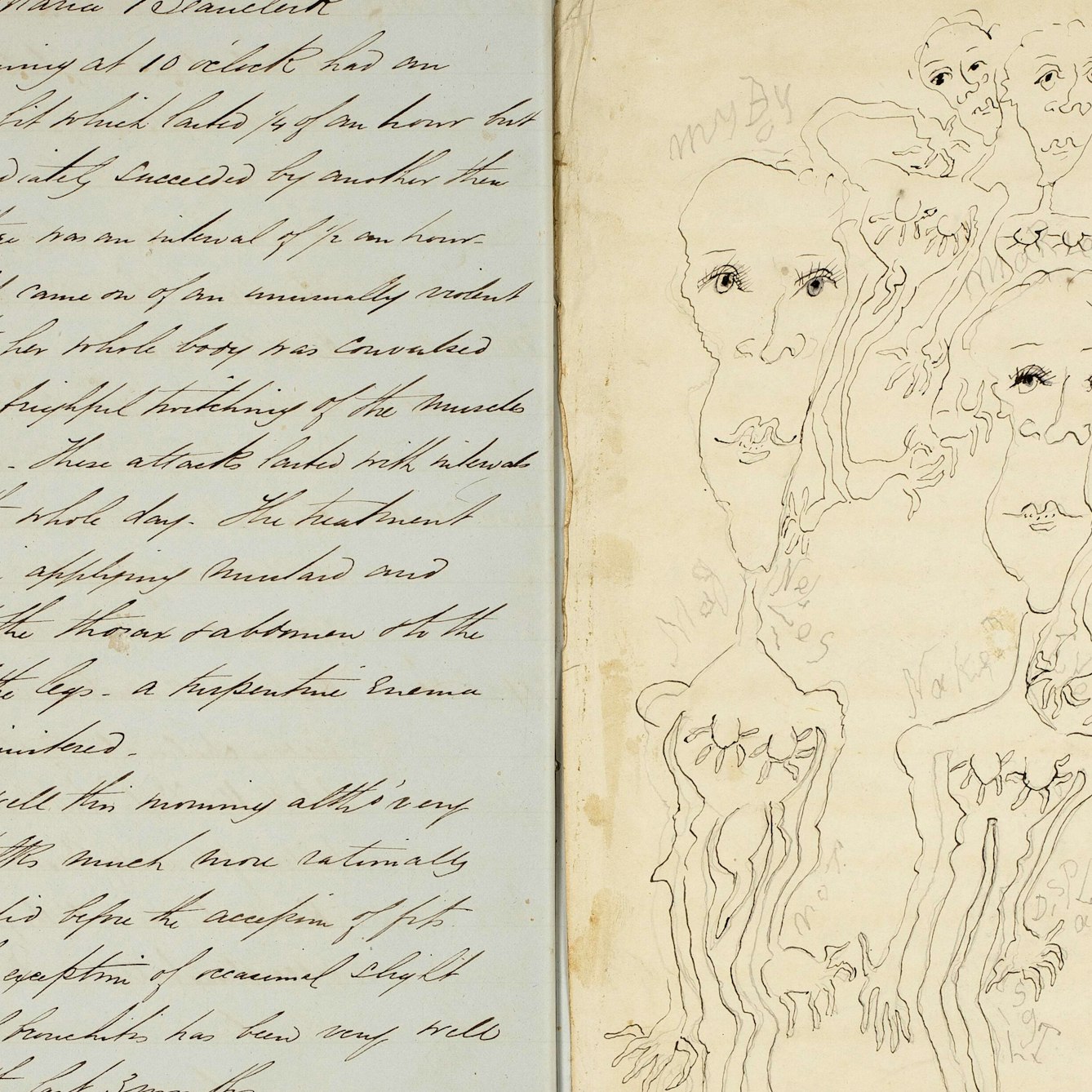 Patient records, with handwritten notes in black ink on the left, and a black and white drawing of several women on the right .