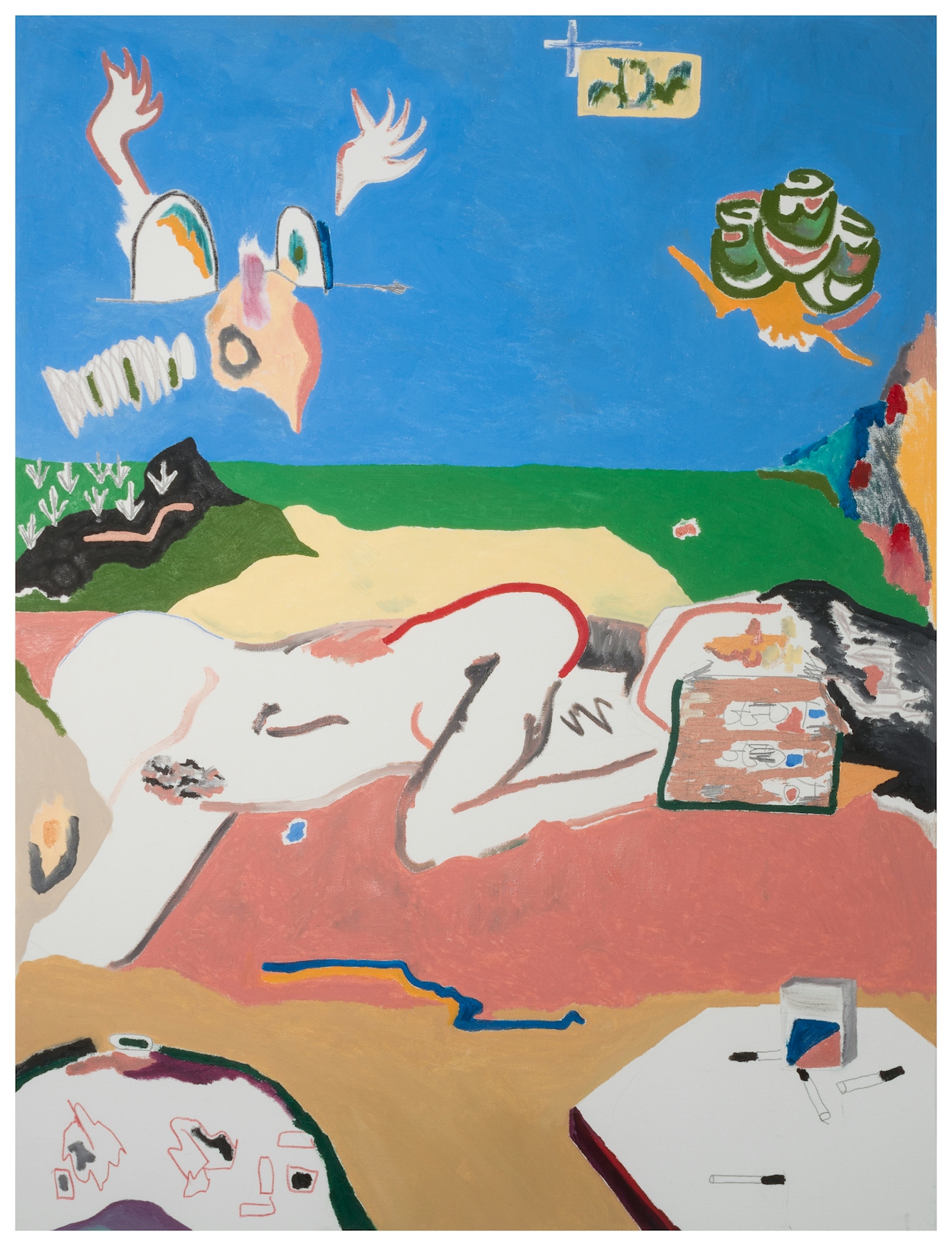 Painted abstract and expressive artwork made up of vibrant colours and graphic forms. The scene shows a horizon line, below which is a green grass-like land and above which is a blue sky. In the sky are several forms including rose buds and a form which could be angel wings but could also be hands reaching out. On the land is a naked figure lying on its side as if in sleep. The face is obscured by a book which has the words "FAGGOT FAGGOT FAGGOT" repeated on the cover. In the foreground are 2 table-like surfaces which have cigarette-like objects strewn about, including what looks like a cigarette packet.
