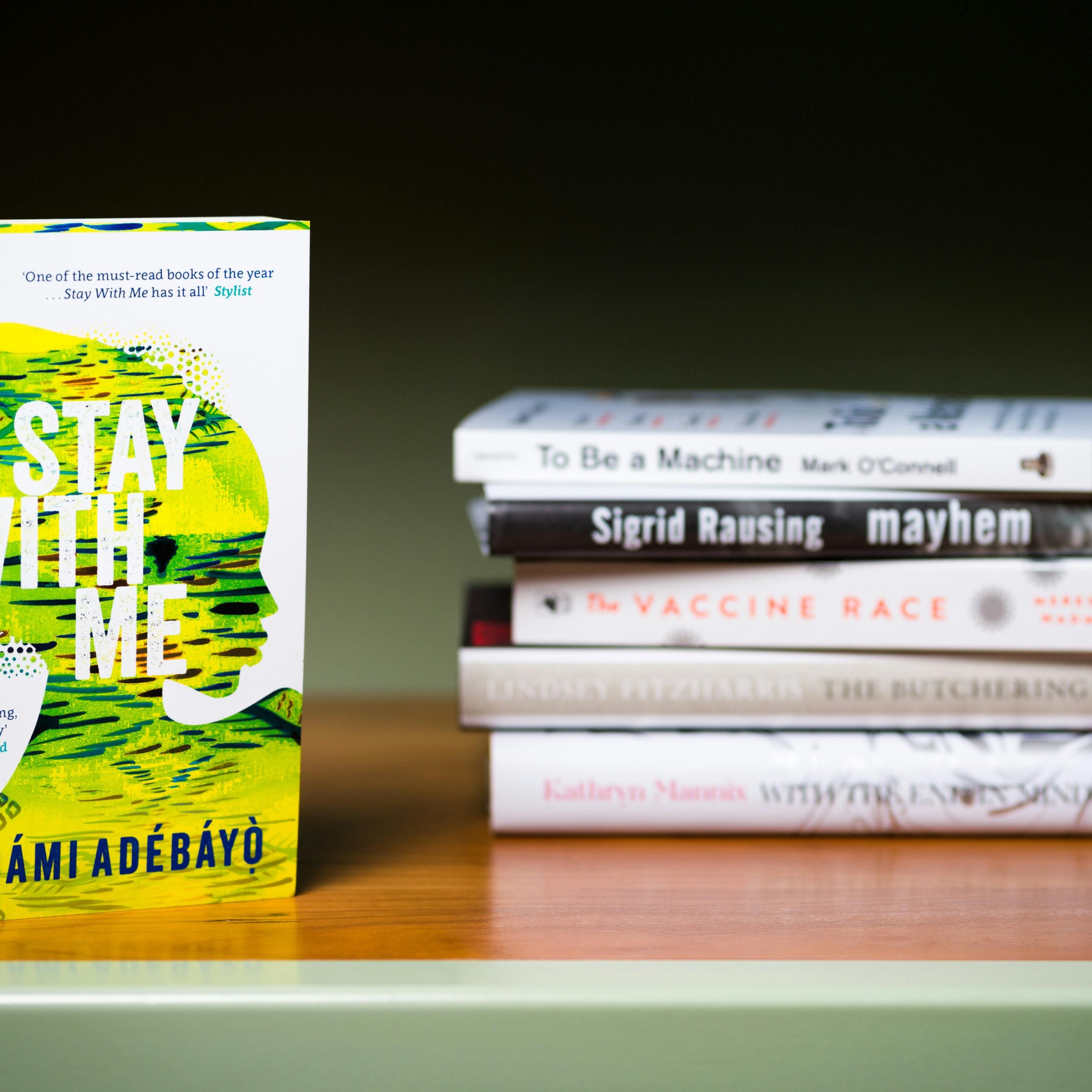 Photograph of a a stack of 5 books lying horizontally on a shelf with another book standing vertically in the foreground.