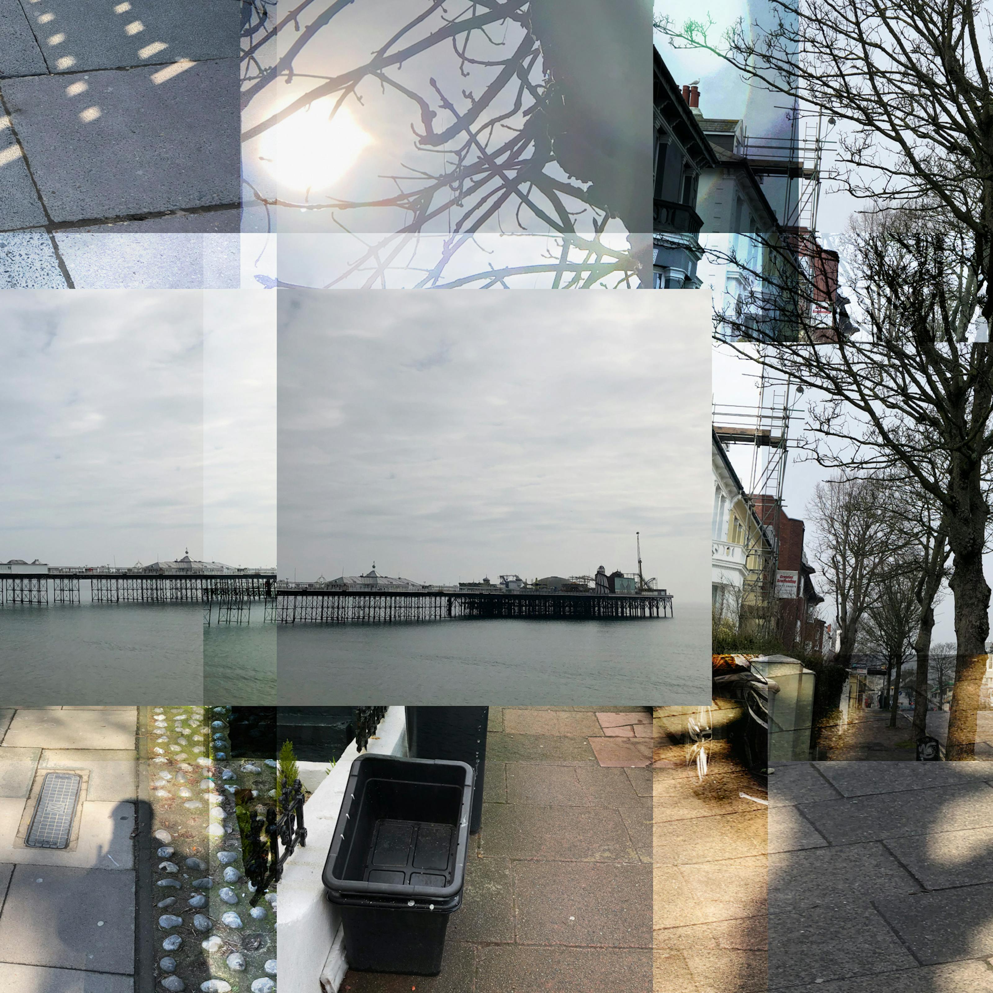 Photographic collage of a series of landscapes overlapping on one another. The individual images feature obstacles to the visually impaired such as shadows, wheelie bins, street furniture and lampposts.
In the centre of the frame are three overlapping photographs that make up a pier that reaches out to sea.