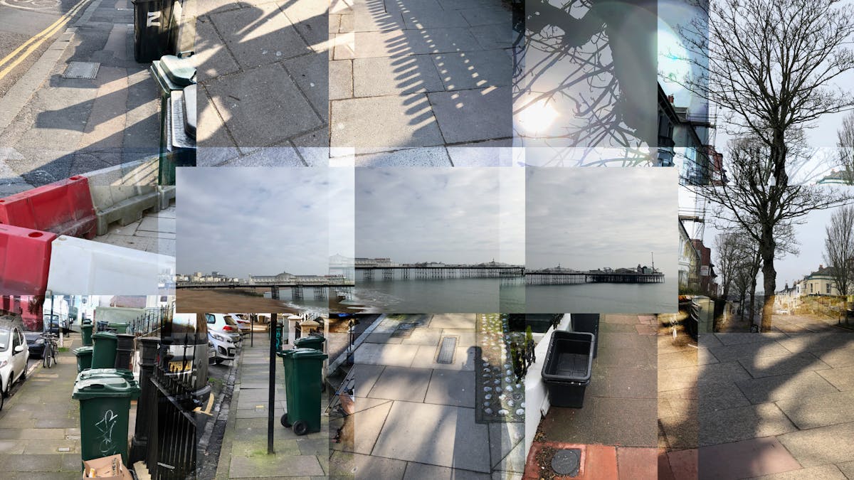 Photographic collage of a series of landscapes overlapping on one another.  The individual images feature obstacles to the visually impaired such as shadows, wheelie bins, street furniture and lampposts.
In the centre of the frame are three overlapping photographs that make up a pier that reaches out to sea.