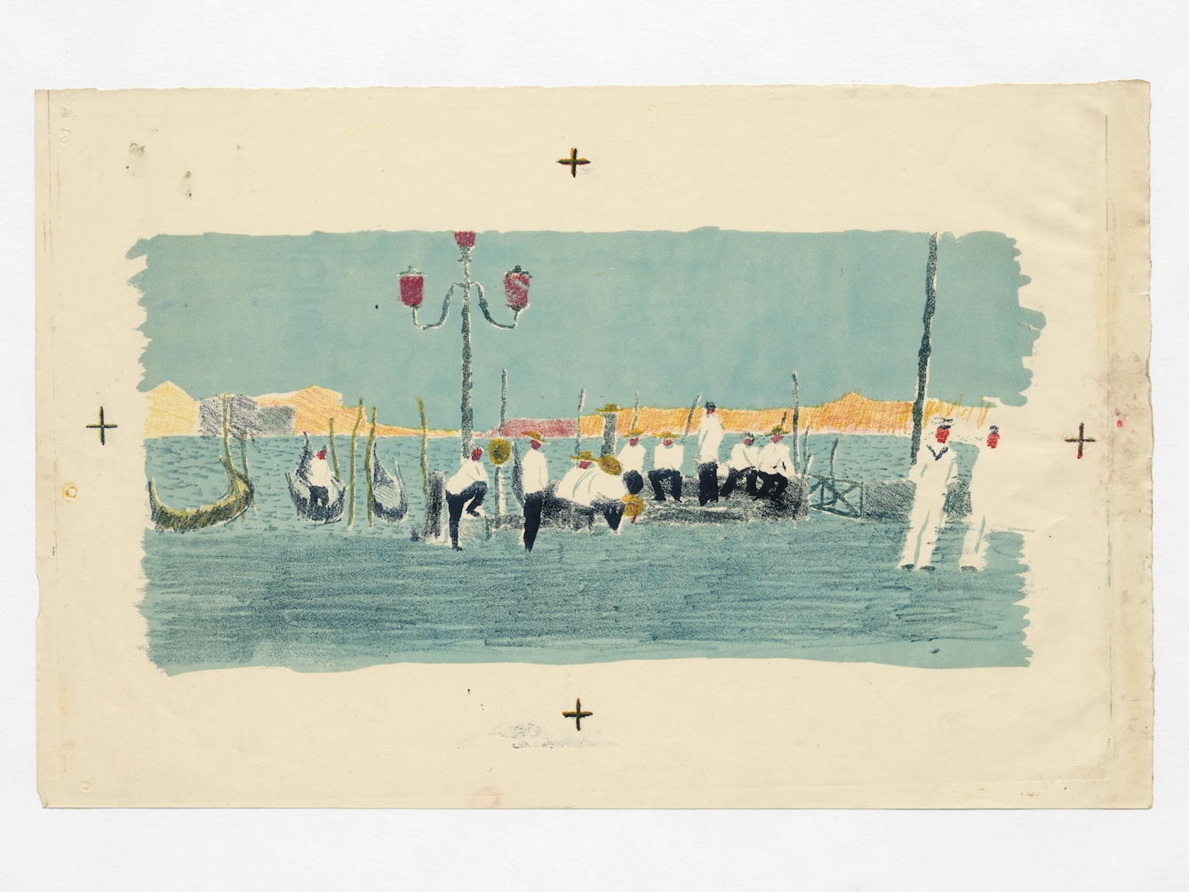 Photograph of a colour, painted artwork. The scene shows a series of gondola's with many of their gondoliers standing around chatting. The style is impressionistic and is made up of blues, yellows, whites and reds.