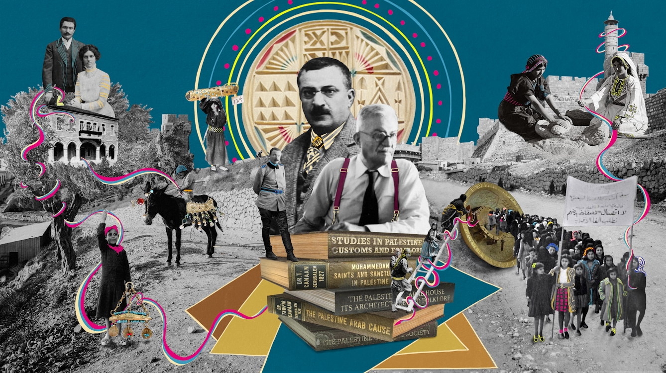 Digital collaged artwork using black and white archive imagery and over-drawn colourful graphical elements. The artwork shows archive images of a man with a moustache from the early 20th century. These portraits are in the centre of the artwork and beneath him are a stack of books. Behind him are circular graphic patterns in yellows and pinks against a blue background. To his left and right are characters set against a sandy landscape; a couple by a house, young children holding a banner on a march, a child on a donkey and a couple of woman kneading bread. Swirling around the landscape are ribbons of colour, pinks, blues and yellows.