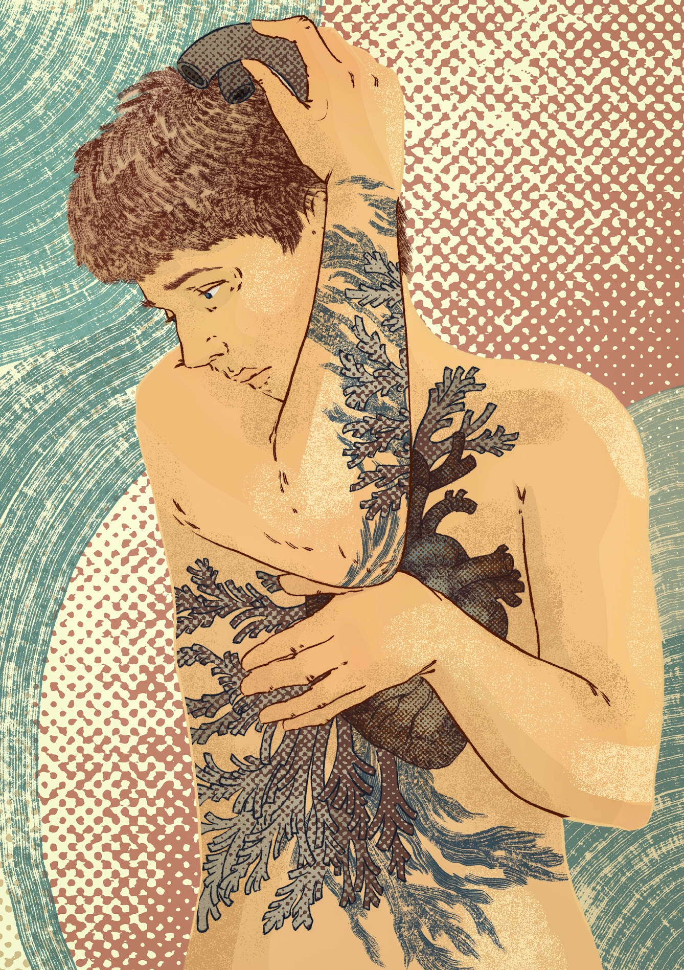 Digital colour artwork showing the bare torso of a woman. She is viewed from the front and is holding her right arm up over her head, cradling her face, and her left arm across her chest. On her side, chest and arm is a colourful tattoo-like illustration of an anatomical drawing of a human heart set with flame-like decorative motifs. The tattoo is made up of red and blue tones. Behind the figure are abstract circular and half-tone printed background patterns in reds and greens.