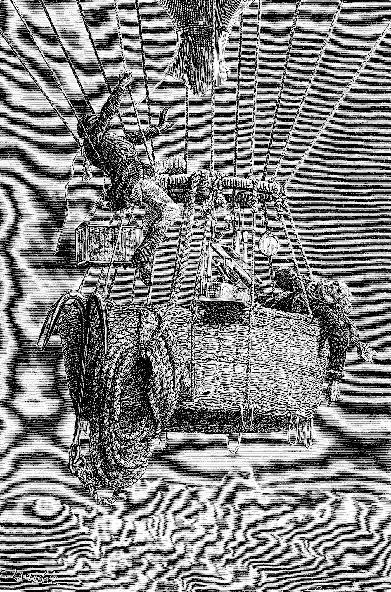 Black and white etching showing one man collapsed in a balloon basket and another climbing up and tugging at a rope with his mouth.