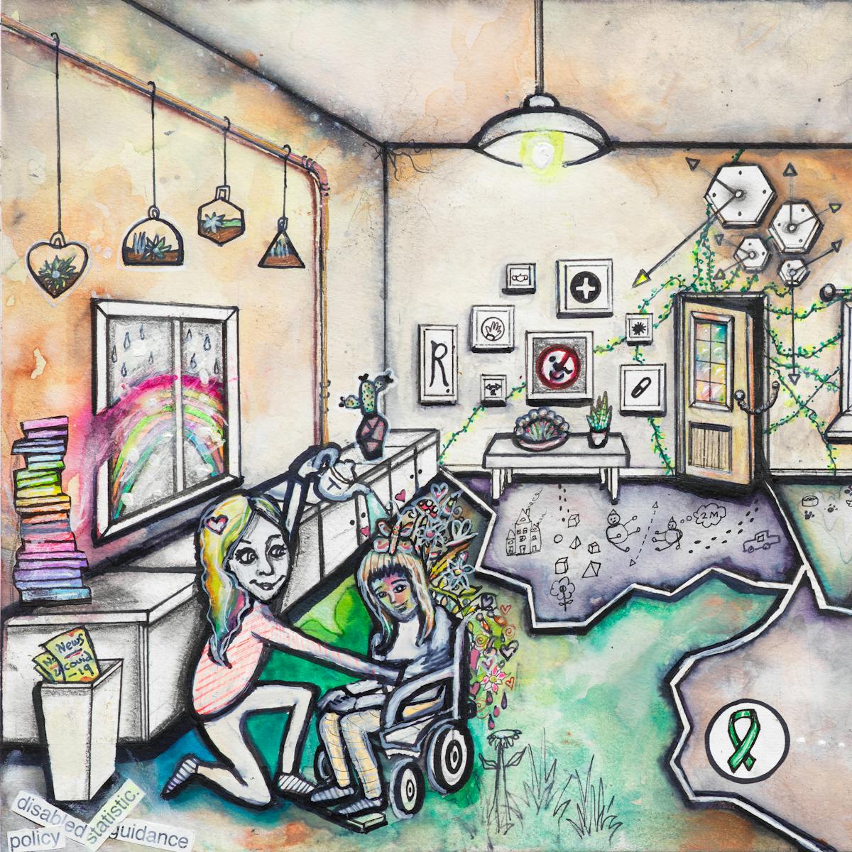 Artwork using watercolour and ink incorporating some collaged words. The artwork shows a busy multi-coloured living room scene separated by jagged white lines drawn across the floor like cracks. In the left hand corner of the room, a girl sits in a wheelchair while a smiling woman with rainbow hair pours liquid from a teapot over her head from which butterflies, flowers and hearts emerge. Behind them are a pile of rainbow coloured books, and a window through which a rainbow can be seen. Along the back wall are various pictures containing images such as: a no access sign with a wheelchair within it, a first aid symbol, a corona virus, and a capital ‘R’. A security chain is holding a front door ajar from which plants creep into the room and across the walls. Outside a window, the corona virus can be seen. In the front right corner of the scene, a small man wearing a tie sits in lotus position in front of a laptop surrounded by cups of tea, crumpled paper, and a chair on its side. Above his head are symbols in circles such as a check mark, a pencil, and a smiley face joined by dotted lines. A green ribbon, the symbol for mental health awareness, appears in another circle in the centre of the room.