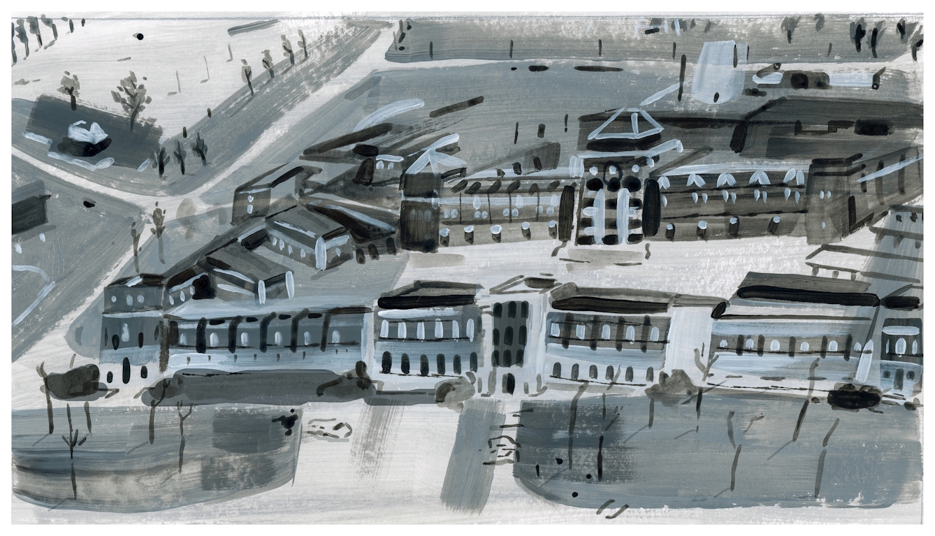 Painted artwork made with broad brushstrokes and impressionistic representational marks. The scene shows a grey institutional building from an aerial view, created with blacks, greys and whites. The buildings are arranged in rectangular form creating courtyards. Some parts of the building have taller towers. Surrounding the development are tree lined roads.
