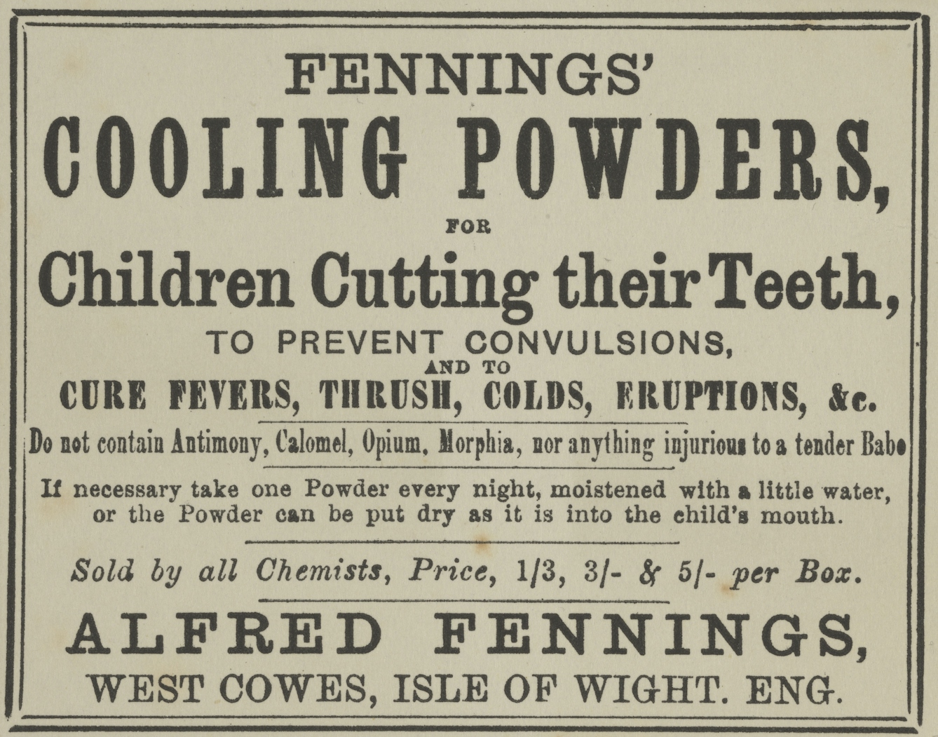 Advert for Fennings' Cooling Powders