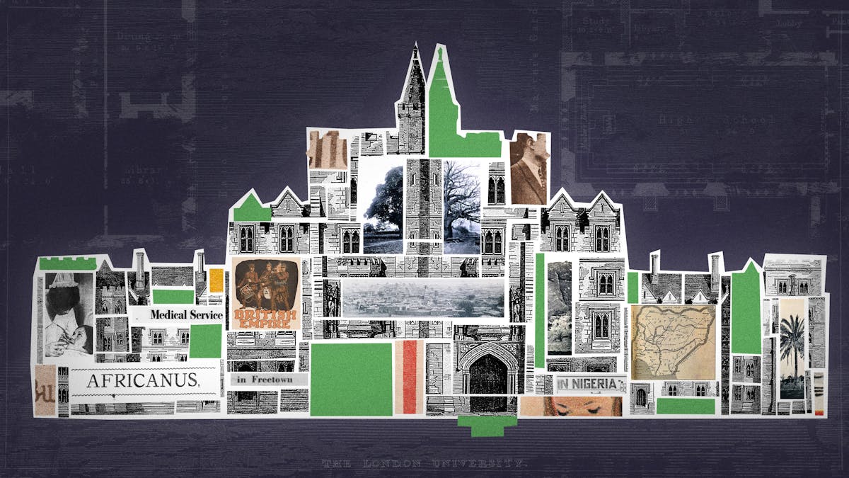Colourful digital collage. Shown is a building, labelled 'The London University'. The building's interior is filled with different collage elements, including newspaper cut-outs reading 'Africanus', 'Medical Service' and 'in Freetown'. Also shown in the building is an image of Kano (a city of Nigeria), images of the Bauchi Highlands, and a map of Nigeria. 