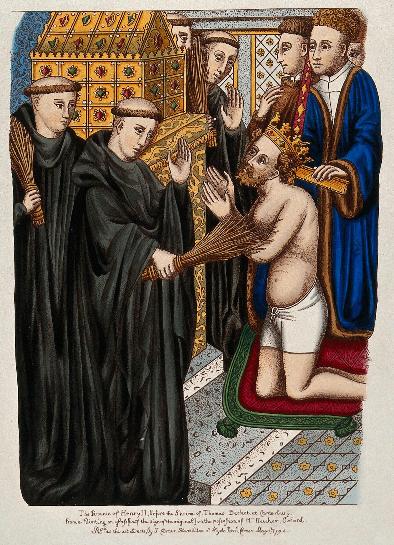 Coloured etching showing the penance of Henry II, who is wearing only white underpants and his crown, and kneeling on a red rug as monks flagellate him with sticks. 