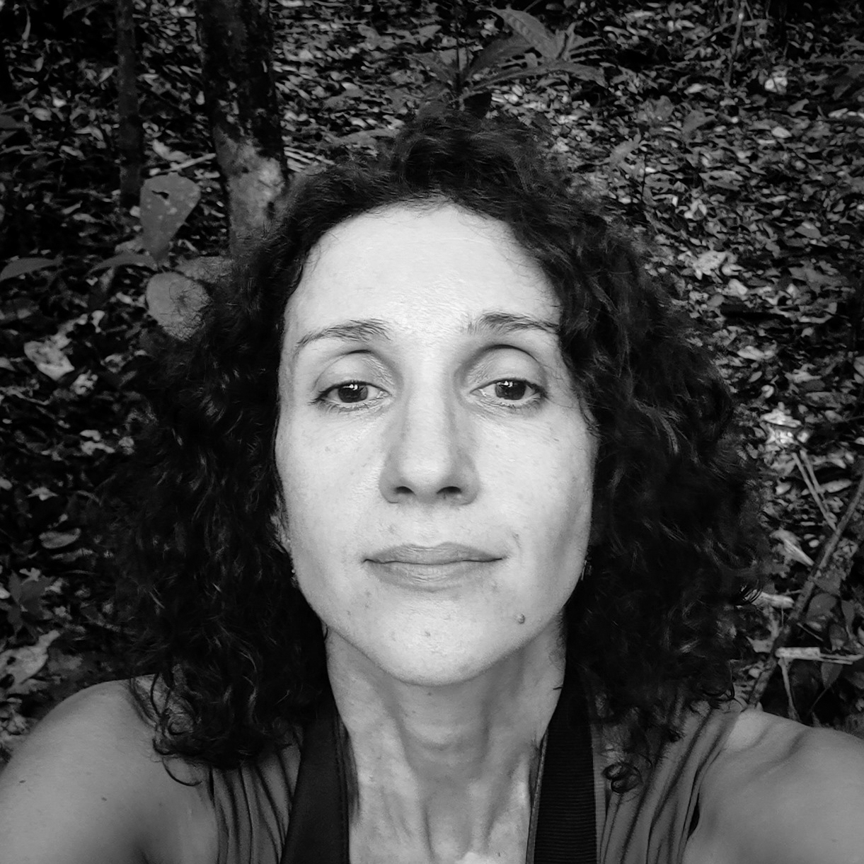 Black and white, head and shoulders portrait of Leticia Valverdes.