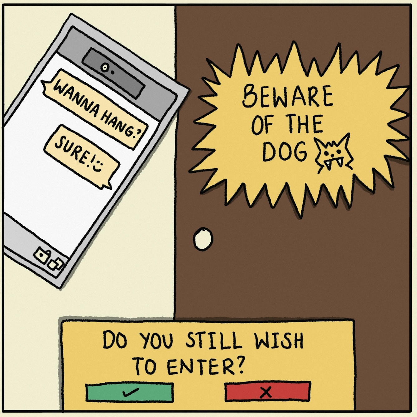 Panel 3 of a digitally drawn, four-panel comic titled ‘Zoning’. Your character is about to hang out with a friend, but on their front door is a sign reading ‘BEWARE OF THE DOG’. You’re asked if you still wish to enter.