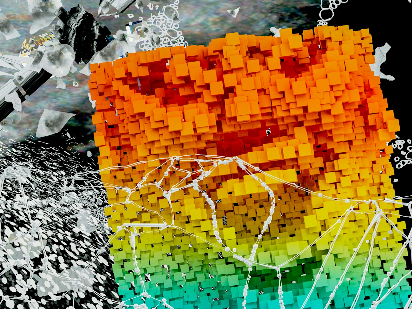 Mixed media artwork depicting a detail from a larger diorama. The scene is rich in details. In the centre is a cluster of small floating squares which together make up a much a larger square. The square is brightly coloured grading from orange at the top, to yellow in the middle to blue at the base. Surrounding the face are lots of angular floating shapes resembling a field of debris.