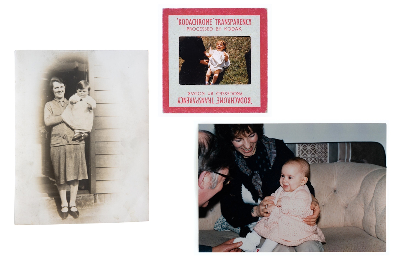 A group of 3 family archive photos and a Kodachrome slide ranging in date from 1957 to 1987. The photos show young babies in the arms of their parents, all different generations.