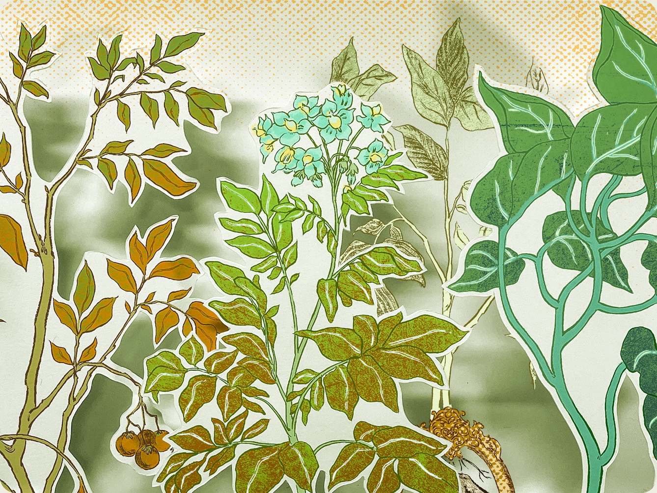 Photograph of a papercut 3D artwork. Detail from a larger artwork which shows a family tree like diagram of six potatoes. This detail pictures the different coloured leaves growing out of each potato which form a large canopy of foliage and flowers. 