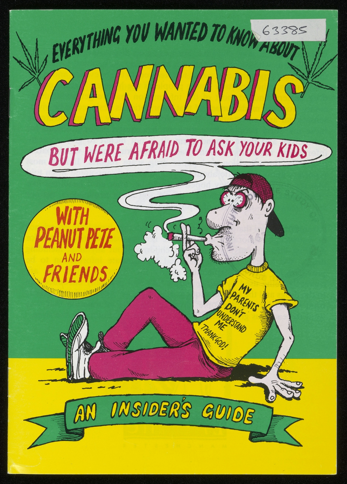 Pamphlet front cover with bright green, yellow and pink text and cartoon style imagery.