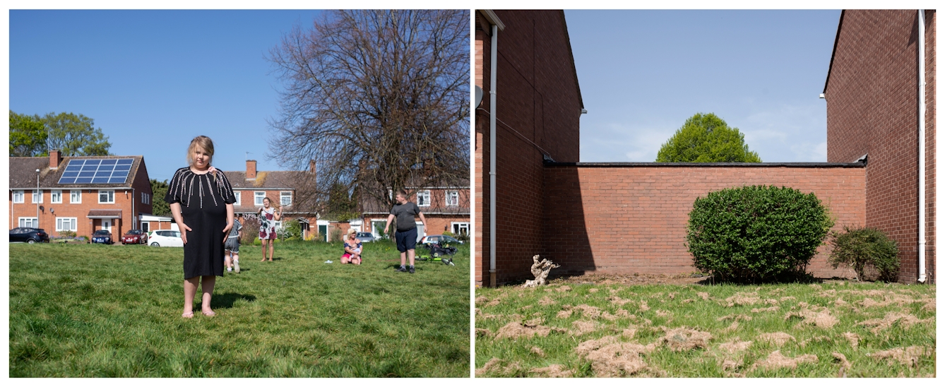 A photographic diptych. The image on the left shows an area of rough grass on which a young girl stands facing camera wearing a black dress and flip-flops. Behind her a woman sits on the grass with a baby and another woman and children stand as though engaged in an activity. Behind them several red brick houses and parked cars can be seen.  The image on the right shows a tall red brick wall running between two red brick houses and an area of rough grass in the foreground on which patches of cut grass have been left and dried. A large round privet hedge, a smaller hedge, and the remaining stump of a hedge are planted in front of the wall. 