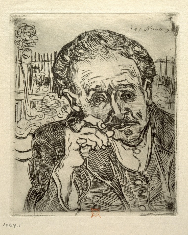 Etched portrait of Van Gogh's doctor looking directly at the viewer while smoking a pipe. His face appears careworn and sad.