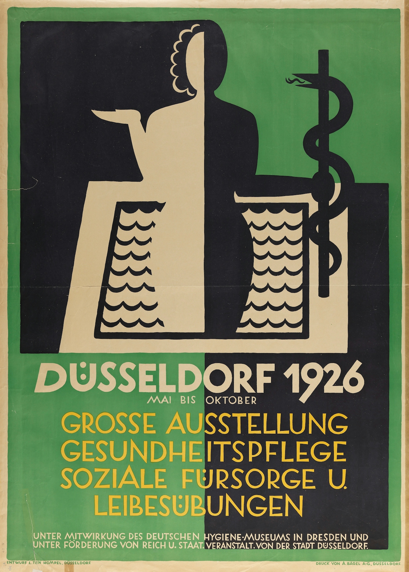 Poster for a health exhibition in Dusseldorf, 1926 featuring a woman holding a staff with a snake entwined around it.