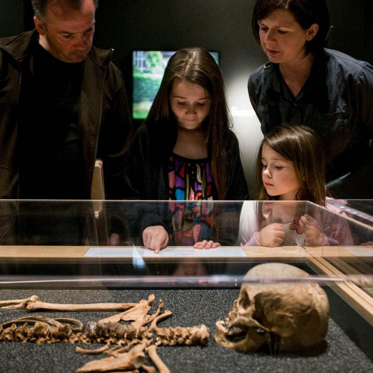 Photograph of a family looking at a display case showing one of the skeletons that formed part of the Skeletons: London’s Buried Bones exhibition at Wellcome Collection.