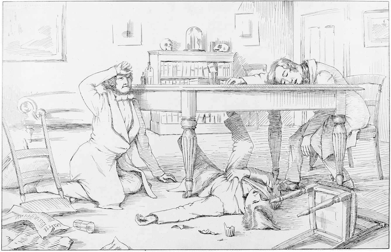 Black and white lithograph showing three men collapsed around a table after drinking liquid chloroform.