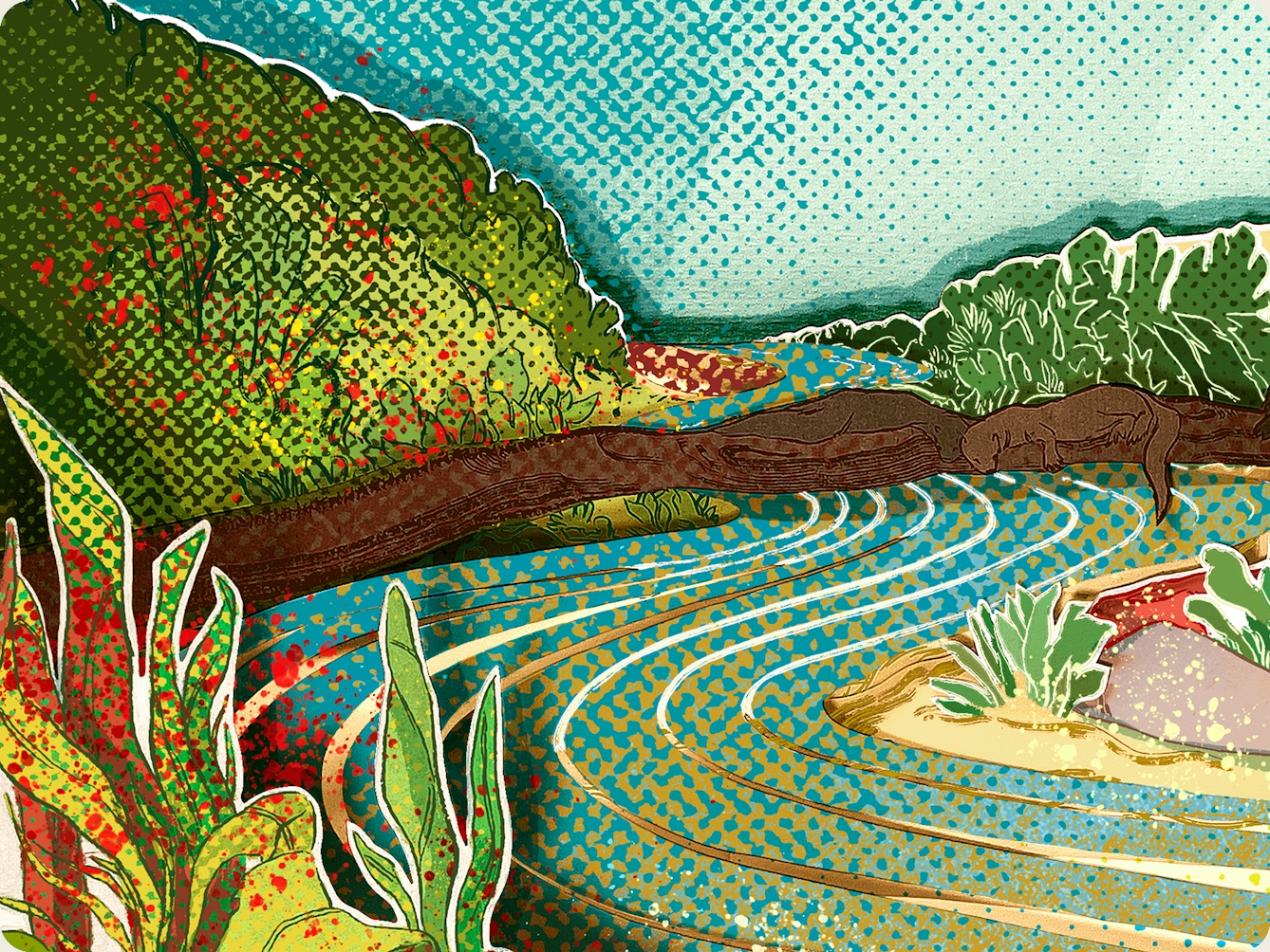 Photograph of a papercut 3D artwork. The image shows a meandering mottled blue and yellow river with white and gold brush strokes indicating the river’s curvature. Surrounding the different bends of the river are plants and shrubbery of various shades of green with red and yellow paint splatters. A tree branch is outstretched across the river. Two otters lie resting on top of the branch. 
