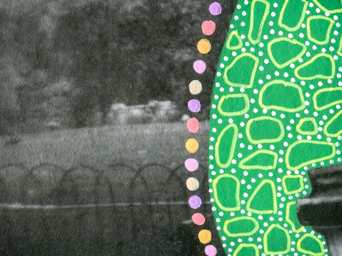 Artwork created by painting over the surface of a black and white photographic print with colourful paint. The artwork shows the original scene of a parkland scene with a black hooped fence separating the path from the planted grass area. Entering the frame on the right is part of a large oval shape painted green, which is covered in small lighter green dots and many organic shaped circular light green outlines. Around the edge of the oval shape are a line of coloured painted spots, of yellow, pink and purple. The texture of the paint can be seen on the surface of the print.